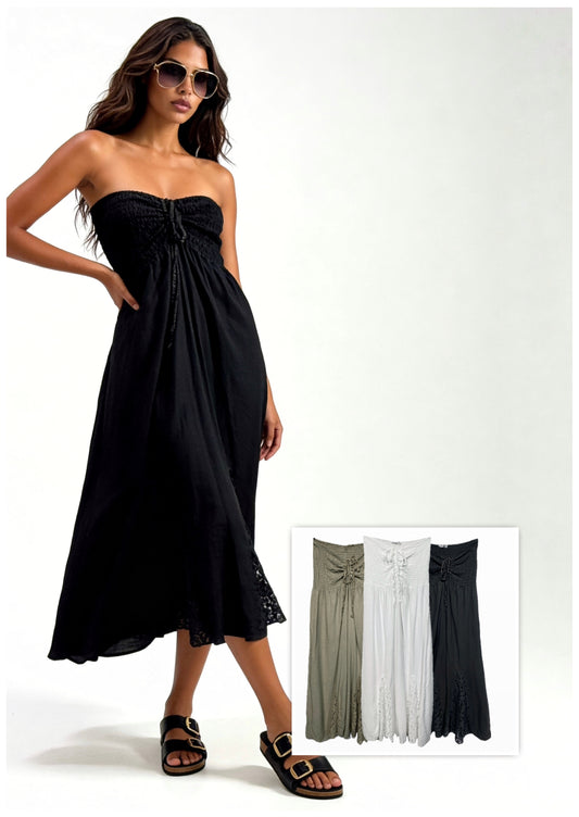 Bandeau-Midikleid mit Raffdetails und Spitze